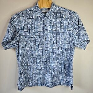 Tommy Bahama Mens XL Blue White Cotton Silk Botanical Tile Print Camp Shirt